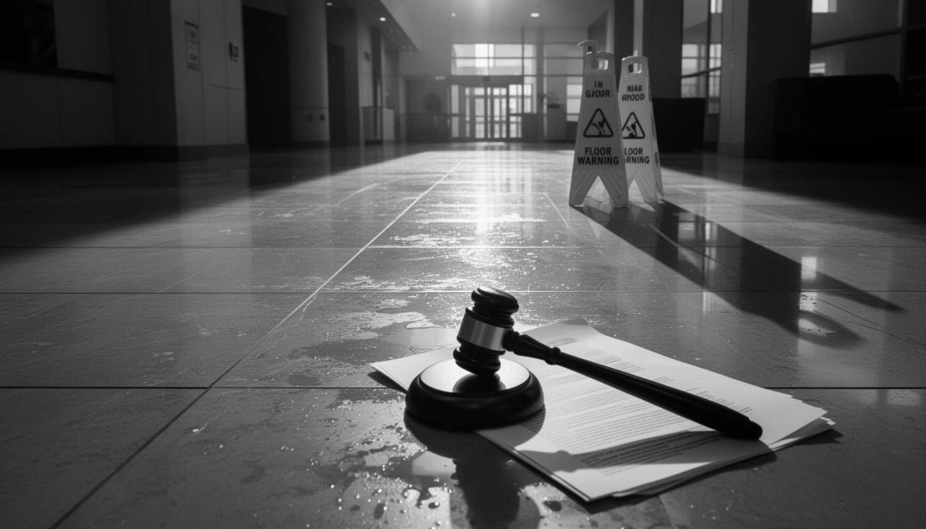 Wet floor caution sign and legal gavel representing a slip and fall premises liability lawsuit