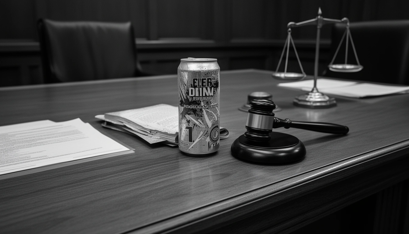Energy drink can beside a judge's gavel and legal documents — Red Bull false advertising lawsuit settlement