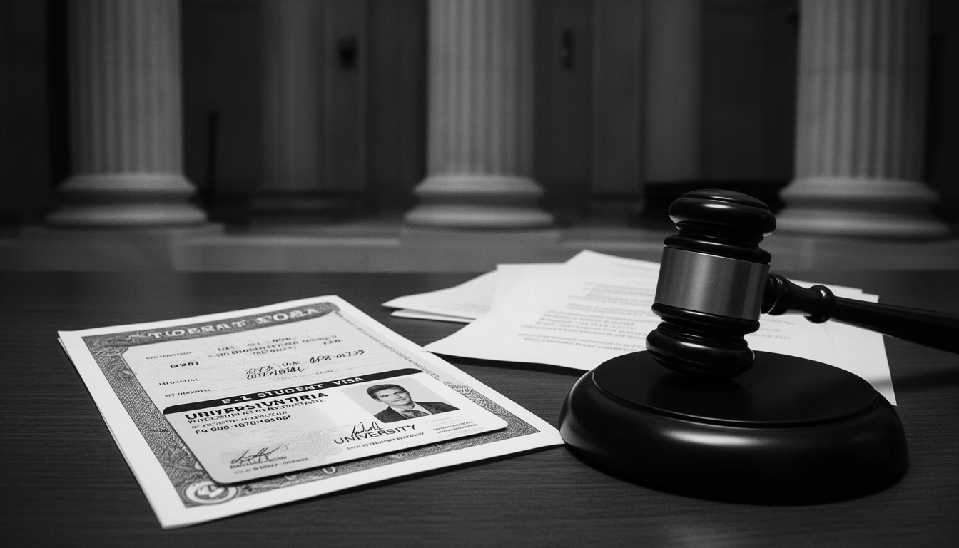 Homeland Security student visa lawsuit — F-1 visa documents and gavel on courthouse desk