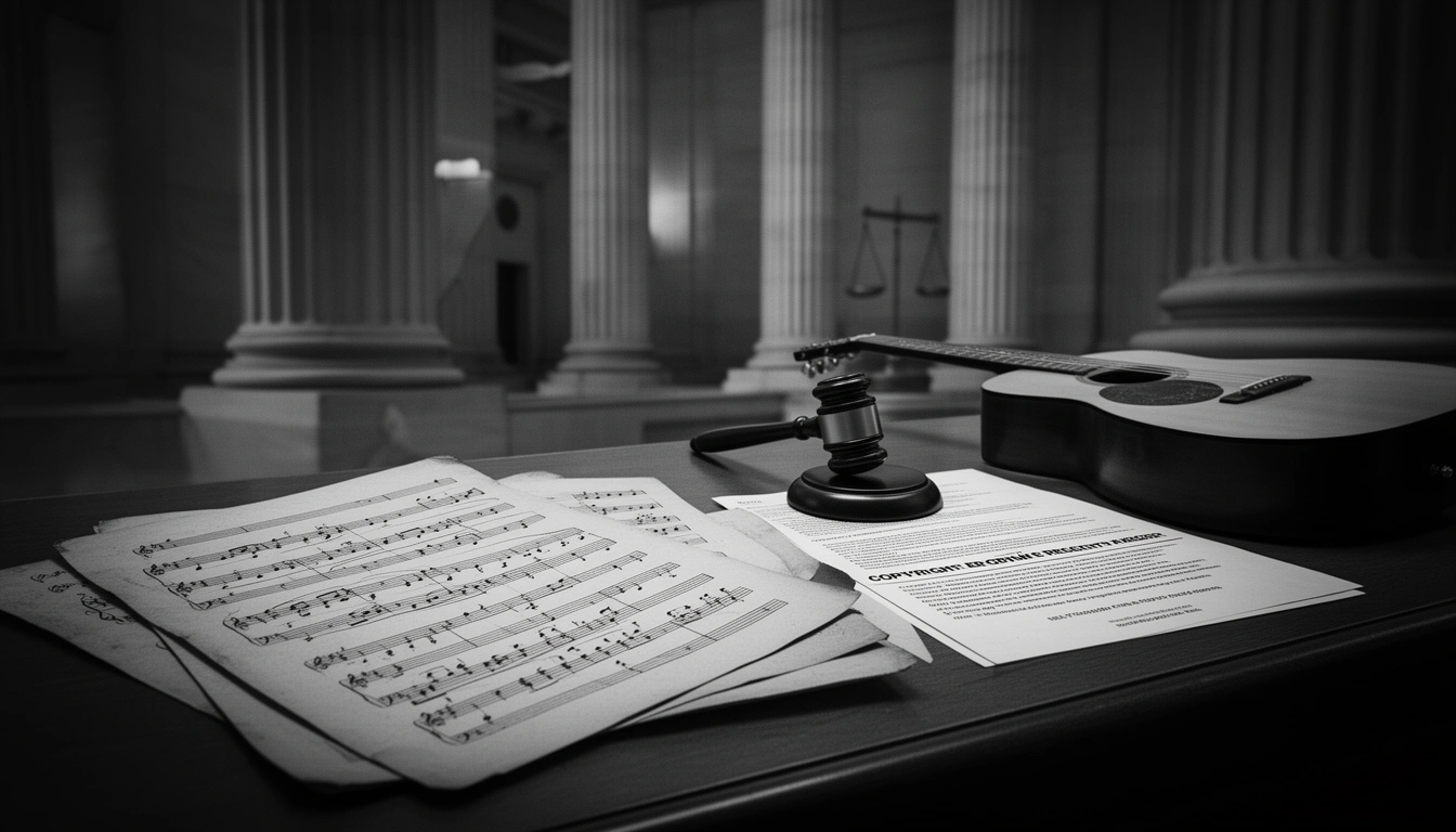Ed Sheeran Thinking Out Loud copyright lawsuit — sheet music, guitar and gavel in courtroom
