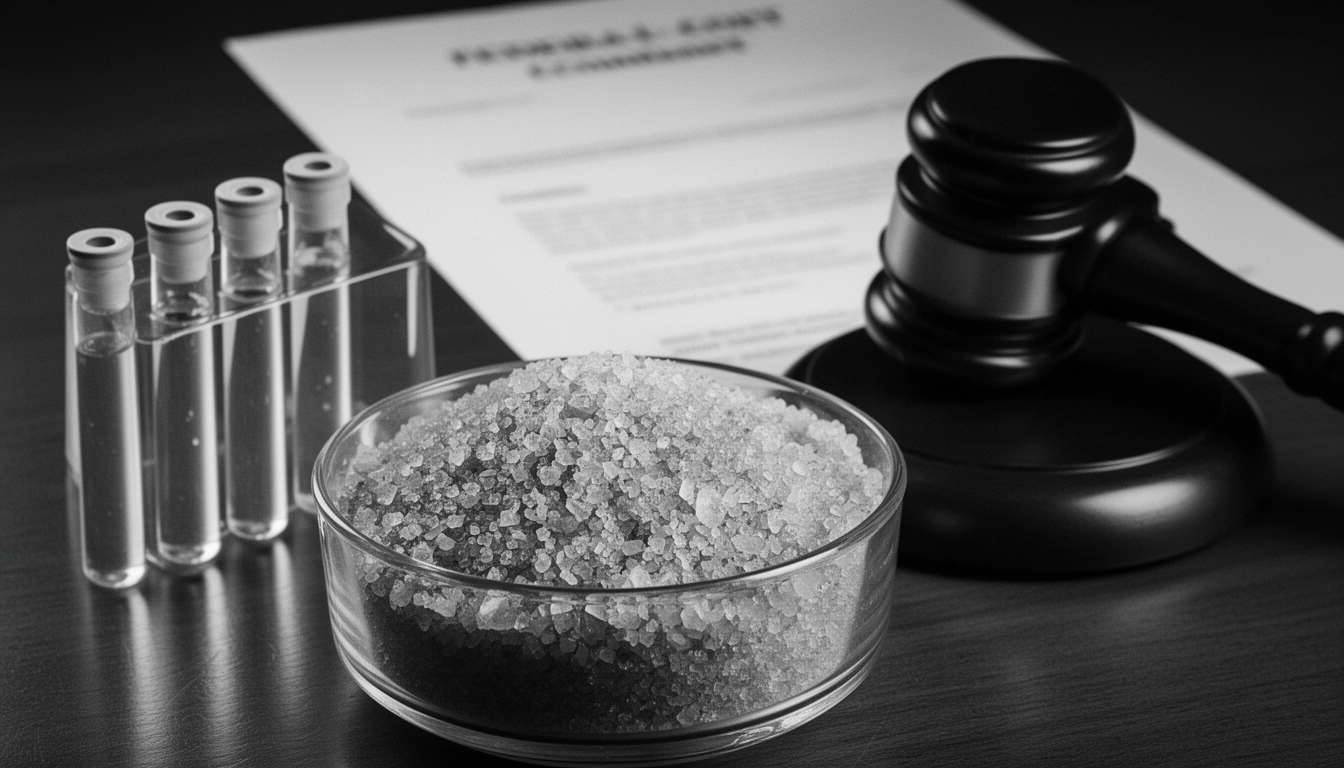 Celtic Sea Salt lawsuit — sea salt container, lab testing equipment and gavel on courthouse desk