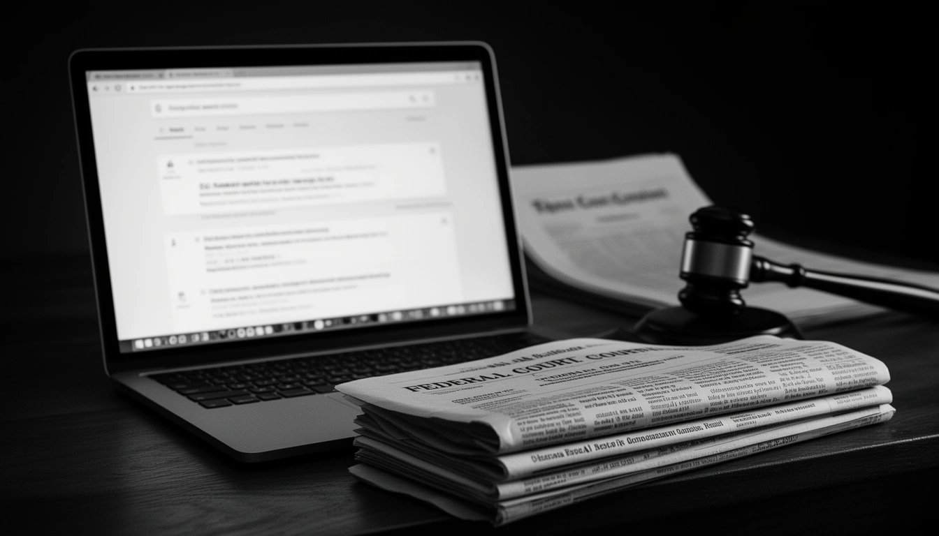 Perplexity AI lawsuit — laptop displaying AI search results beside copyright documents and gavel