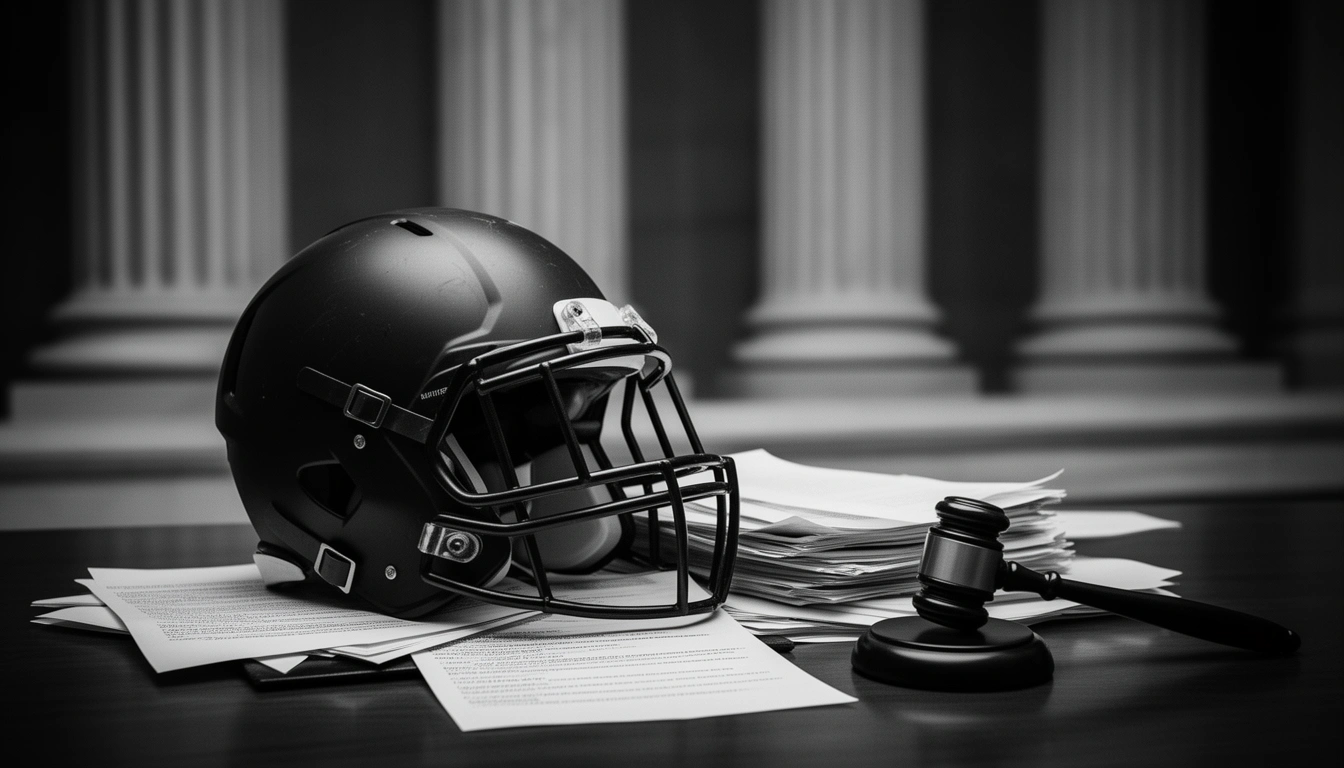 Jon Gruden NFL lawsuit — football helmet and legal documents with gavel on courthouse desk