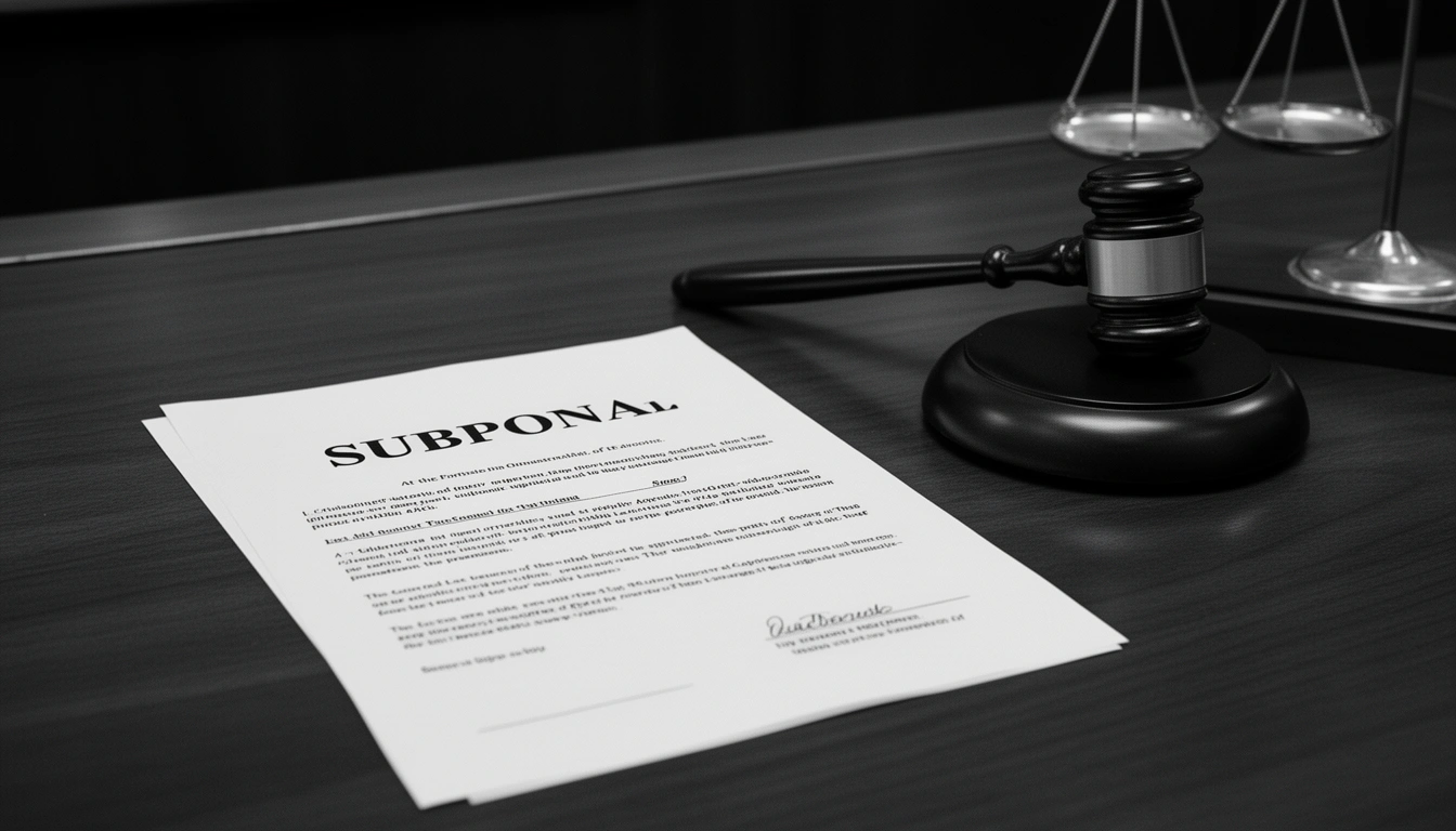 Subpoena document and gavel on courtroom desk representing legal compulsion to testify