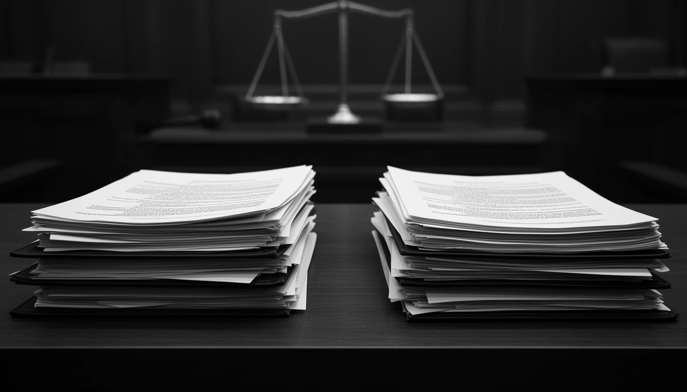Two opposing legal complaint documents on a courtroom table representing a countersuit and counterclaim