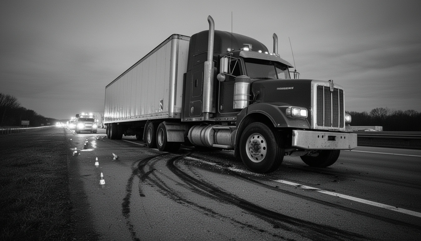 Semi-truck accident scene with overturned tractor-trailer and emergency response, black and white editorial photo
