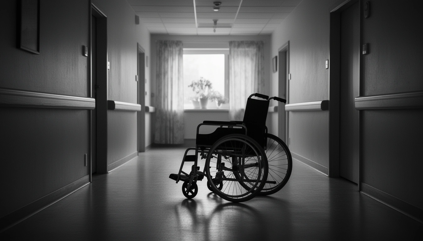 Empty wheelchair in a quiet nursing home hallway, black and white editorial photo