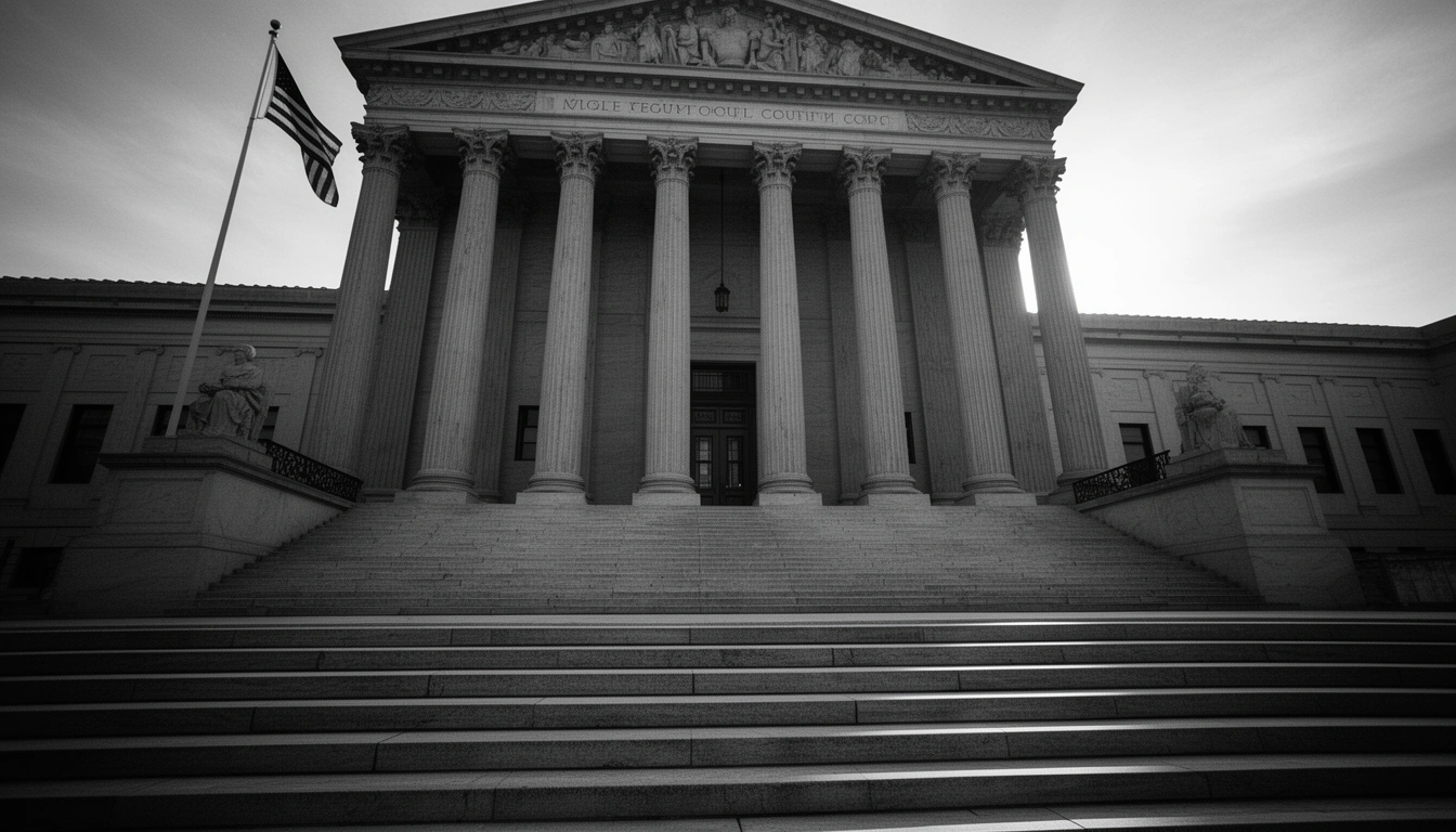 Courthouse steps with American flag, black and white editorial photo representing civil rights litigation