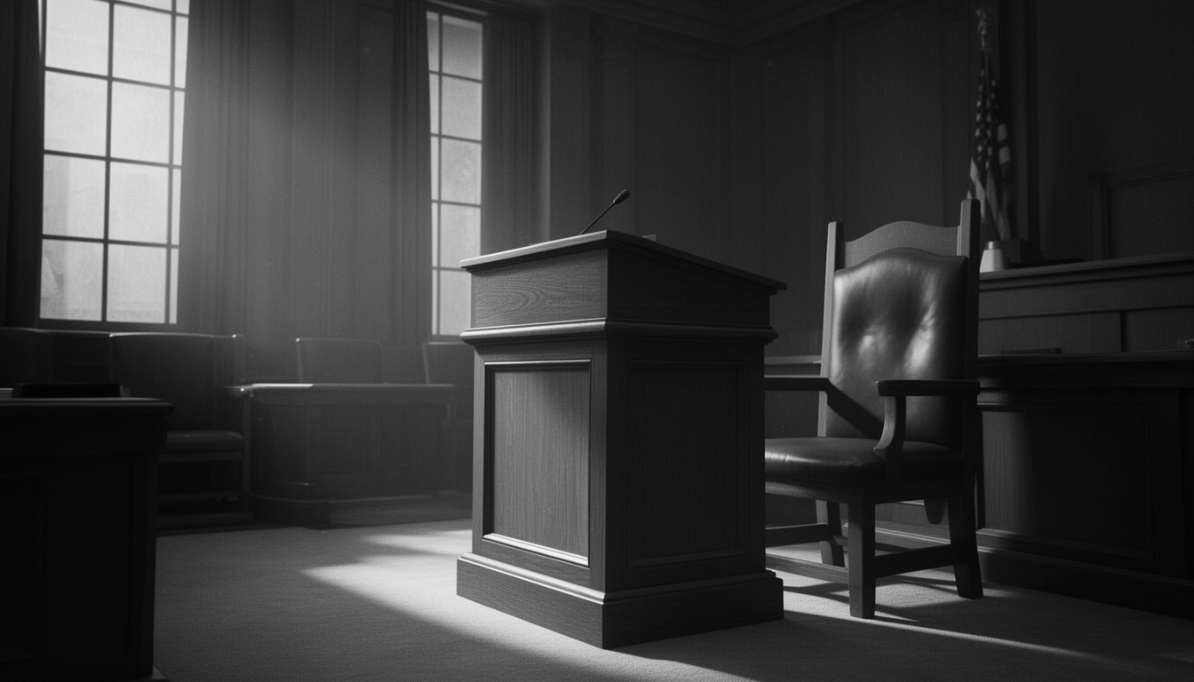 Empty witness chair in a courtroom representing a harassment lawsuit