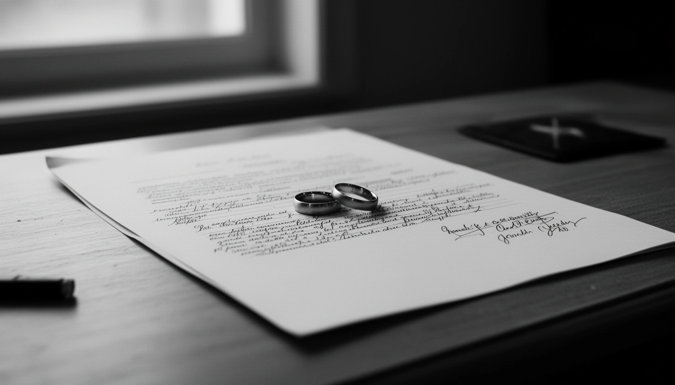 Wedding rings on a signed legal document representing a divorce filing
