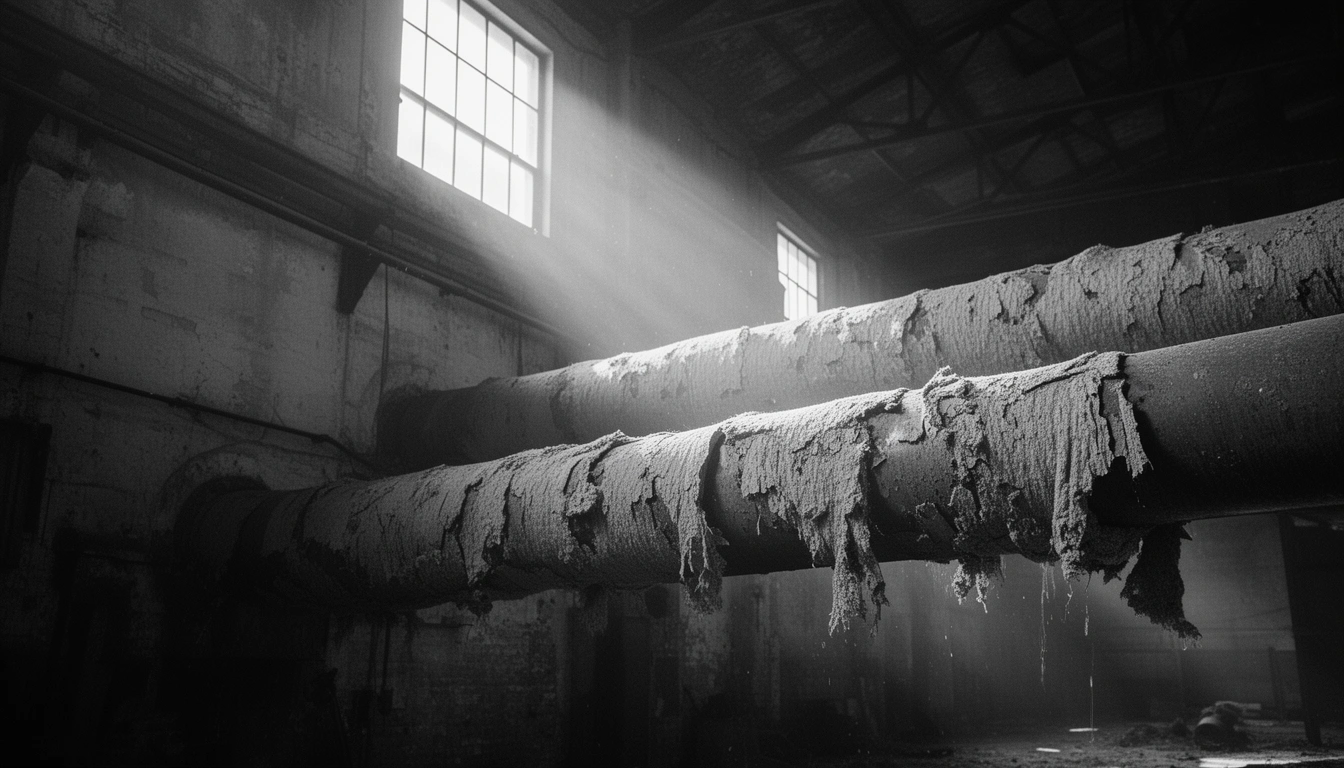 Deteriorating asbestos insulation in an industrial building representing an asbestos lawsuit